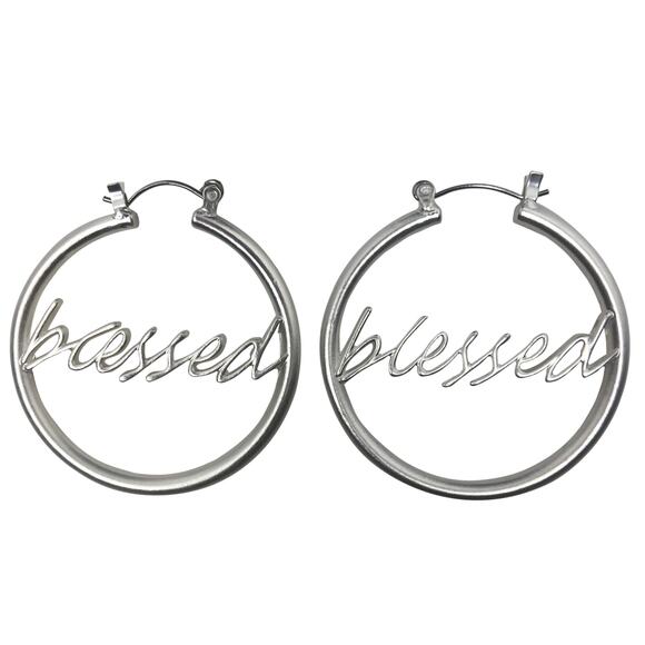 Matte Silver Blessed Hoop Earrings - Picture 3 of 3